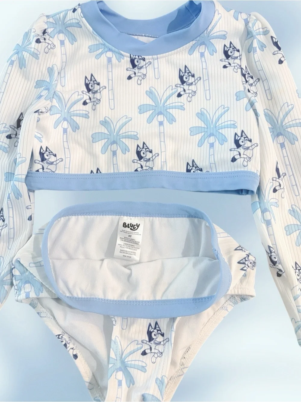 🎀 Girls Light Blue Bluey-Print Long Sleeve Rashguard Two-Piece Swim Set